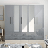GREY Gloss Large Wardrobe - 5 Door 6 Drawers & Mirrors SOLID FURNITURE